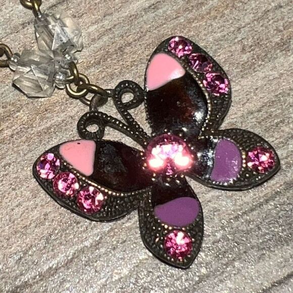 Butterfly Enamel Beaded Necklace Cooper Tone Purple/Pink Beaded/Rhinestone - Picture 4 of 7